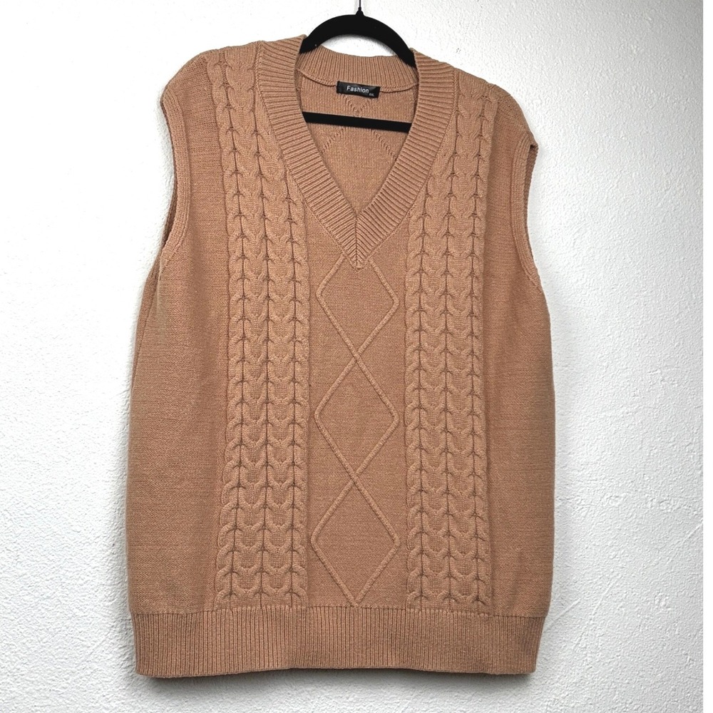 Fashion Tan Sweater Vest - 2XL- Cable Knit V-Neck Sleeveless Pullover Preppy